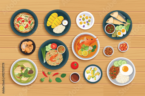 Thai food and ingredient on a wooden background.