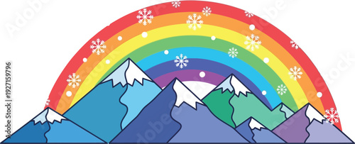 A colorful rainbow arches over snow capped mountains in a stylized illustration on transparent background silhouette high quality professional detailed modern elegant