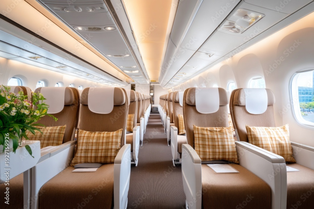 Obraz premium Spacious and Clean Airline Passenger Cabin Interior Design with Neutral Colors