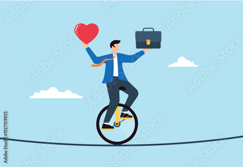 Flat illustration of businessman riding unicycle and balancing heart briefcase on tightrope work life balance managing stress