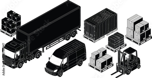 Isometric depiction of delivery vehicles cargo and a forklift ideal for logistics designs on transparent background silhouette high quality professional detailed