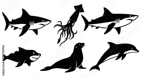 Black Silhouettes of Diverse Marine Animals: Sharks, Dolphin, Squid, and Seal