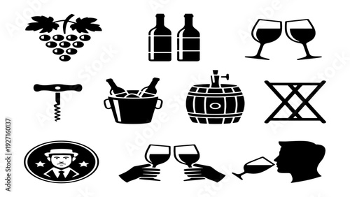 Black Minimalist Wine Industry Icons for Restaurant Menu, Winery Branding, and Sommelier Services