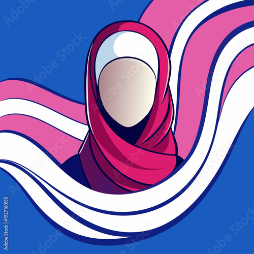 Muslim woman wearing pink hijab with white and pink flowing ribbons on blue background