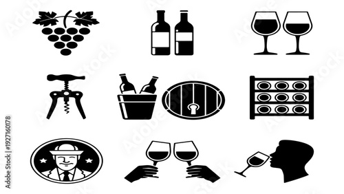 Minimalist black and white wine culture vector elements for restaurant logo or event invitation.