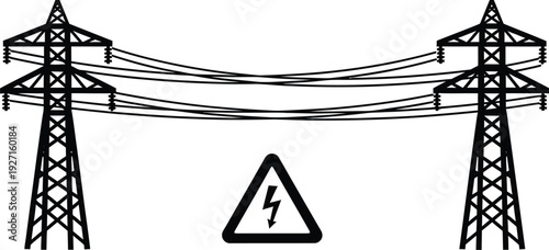 A black silhouette of power lines and a high voltage warning sign on transparent background high quality professional detailed modern elegant