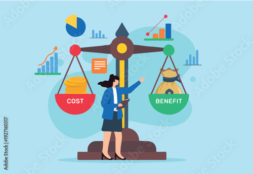 Financial analysis, evaluating impact of decisions, maximizing roi concept vector illustration. Analysts weighing cost and benefit on balance scale