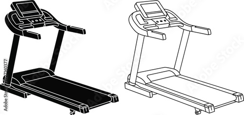 Two black and white line art treadmills presented in different styles ideal for fitness concepts on transparent background silhouette high quality