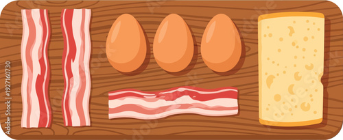 Breakfast ingredients arranged on a wooden board bacon eggs cheese and bread rendered as a silhouette on transparent background high quality