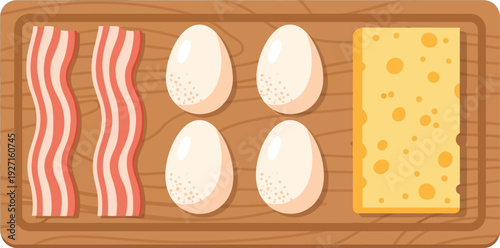 Breakfast food arrangement on a wooden board featuring bacon eggs and cheese presented as a silhouette on transparent background high quality