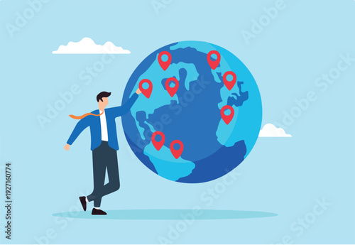 Flat illustration of businessman CEO place new branch pin on world map globe global business expansion growing franchise worldwide