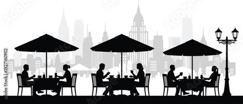 Outdoor cafe scene silhouette featuring people dining under umbrellas against a cityscape skyline on transparent background high quality professional detailed modern