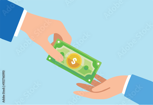 Flat illustration of businessman hand money banknote to friend symbolizing borrowing or lending