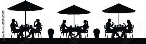 Cafe scene silhouette featuring tables chairs umbrellas and a cityscape skyline on transparent background high quality professional detailed modern elegant stylish