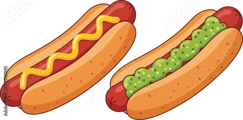 Two hot dogs one with mustard and one with relish presented as a colorful cartoon illustration on transparent background silhouette