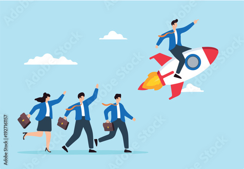 Flat illustration of business leader pointing direction riding rocket guiding team success innovation startup boost partnership productivity