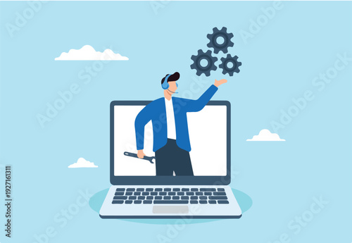 Helpful man wearing headset conversation with customer, assisting in solving computer problem. Concept of support staff in resolving technical issues, help desk or operator, phone calls