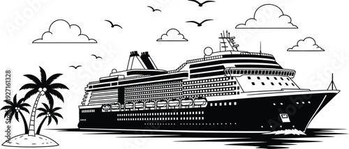 Black and white silhouette of a cruise ship sailing near a tropical island with palm trees and flying seagulls on transparent background