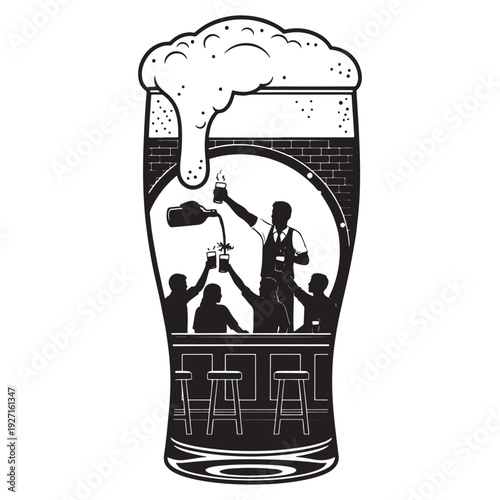 Creative beer glass illustration with pub scene inside, bartender and friends toasting in frothy drink vector artwork