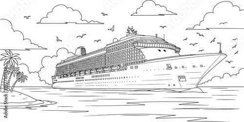 Black and white illustration depicting a large cruise ship sailing near a tropical island with birds and clouds on transparent background silhouette