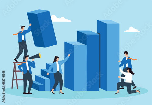 Incremental sales growth, step-by-step strategy development, data-driven progress, achieving business milestones concept vector illustration. Team of analysts constructing staircase of bar graphs