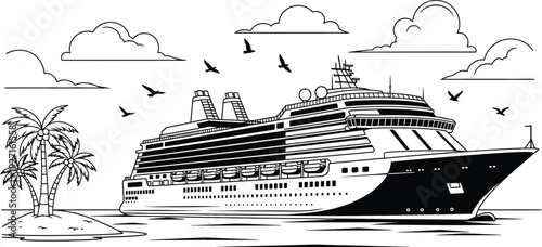Detailed black and white illustration of a large cruise ship sailing near a tropical island on transparent background silhouette high quality