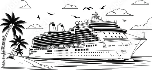 Black and white illustration depicting a cruise ship palm tree and birds flying over water on transparent background silhouette high quality