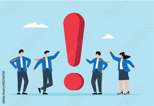 Flat illustration of business people think around giant exclamation mark symbolizing critical problem requiring attention