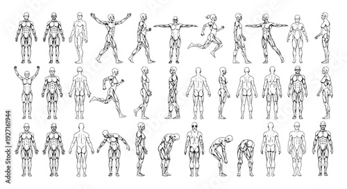 Human Anatomy Muscle System Poses Set, Male and Female Body Figures, Front Side Back Views, Medical Illustration