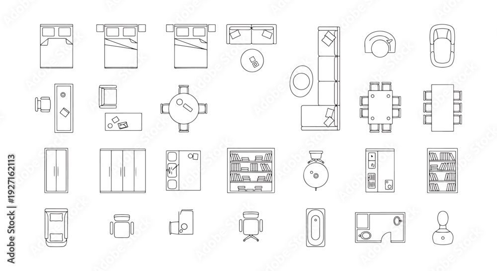 Obraz premium Top View Furniture Icons and Floor Plan Blueprint Elements for Interior Layout and Architectural Design