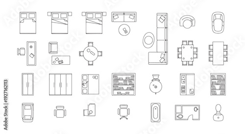 Top View Furniture Icons and Floor Plan Blueprint Elements for Interior Layout and Architectural Design
