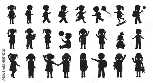 Children Silhouettes Set Showing Kids Playing, Walking, Reading, and School Activities in Vector Style