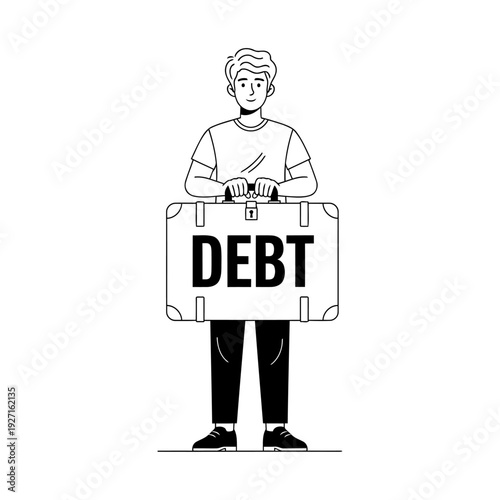 Man Carrying a Suitcase Labeled Debt Line Art Illustration