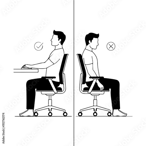 Comparison of Correct and Incorrect Sitting Posture at an Office Desk for Proper Ergonomics Illustration