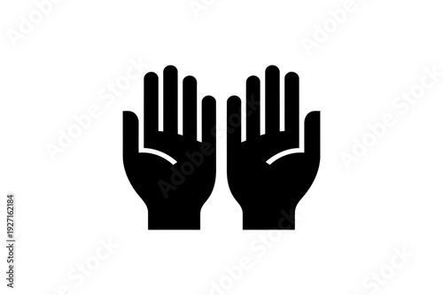 Hands icon showing raised open palms in black silhouette, minimalist vector symbol for help, support, prayer or applause featuring gesture, assistance, worship with blessing and praise elements for
