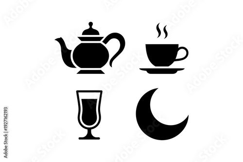 Tea and coffee icon set with teapot, steaming cup, glass drink and crescent moon silhouette symbols in black featuring teacup, saucer, beverage with latte and chai elements for cafe, breakfast