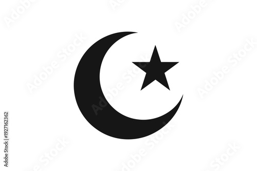 Black crescent moon and star vector icon. Islamic symbol of faith and religion. Created in solid black style with a white background.