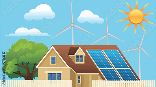 A cartoon house with solar panels and wind turbines in a sunny landscape