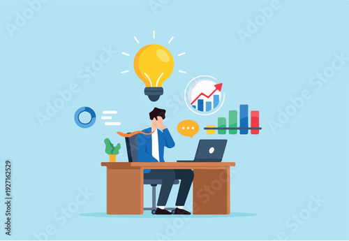 Flat illustration of businessman sitting at desk discovering new insight with bright lightbulb and analytics chart while communicating remotely via laptop with speech bubble
