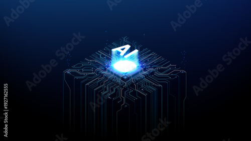 Futuristic AI microchip with glowing network connections. Isometric processor core on circuit board, advanced computing, big data and machine learning concept. Digital vector tech illustration