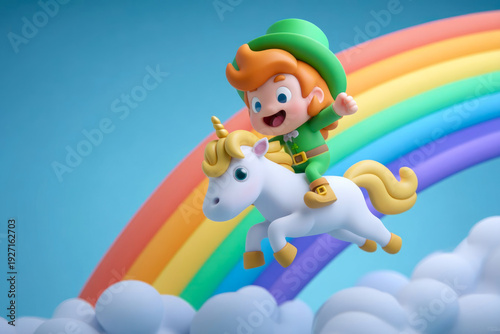 Cheerful leprechaun character riding a unicorn, soaring through fluffy clouds beneath a vibrant rainbow, celebrating the joy and magic of St. Patrick's Day festivities and traditions