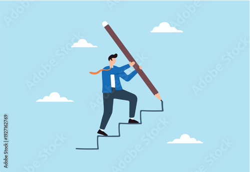 Flat illustration of businessman use pencil to draw stair symbolizing building career path to achieve success