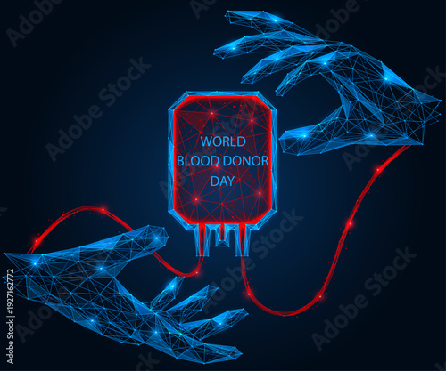 World blood donor day. A blood bag connected by a tube between two hands. The concept of medical care, saving lives and the importance of donation.