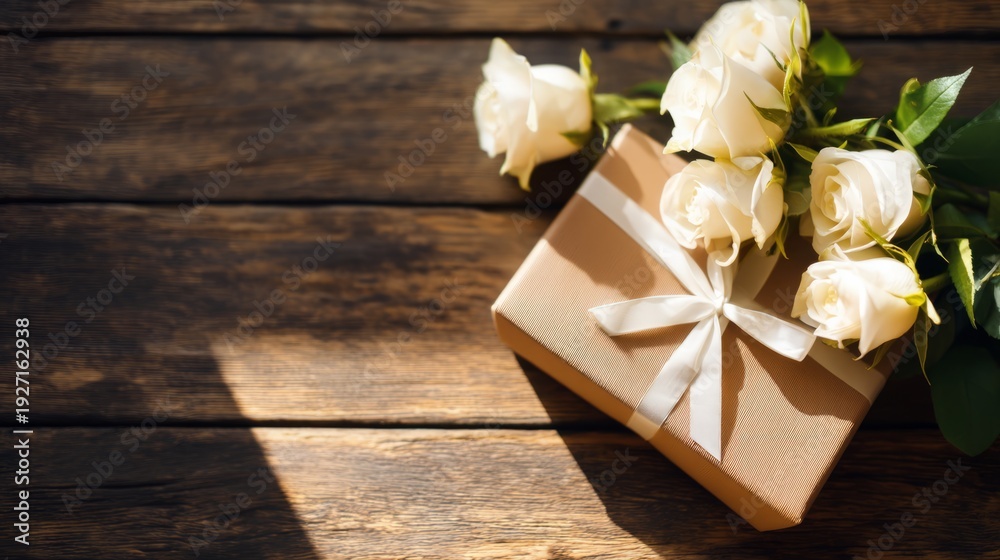 Fototapeta premium Romantic Gift Box with White Roses on Dark Wooden Surface Top