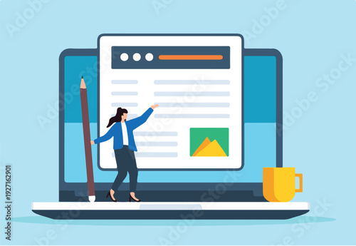 Flat illustration of creative woman hold pencil publishing content and writing article online on website in laptop screen writer blogger advertising freelance journalist