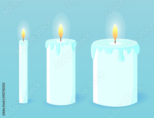 3 candles of different sizes on blue background. Vector design. 