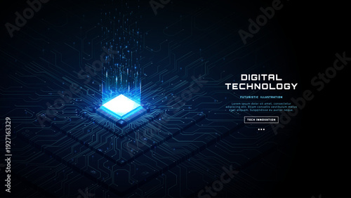 Isometric semiconductor processor with luminous circuits and data pathways. Modern AI chip illustration perfect for futuristic technology and digital innovation themes. Vector illustration
