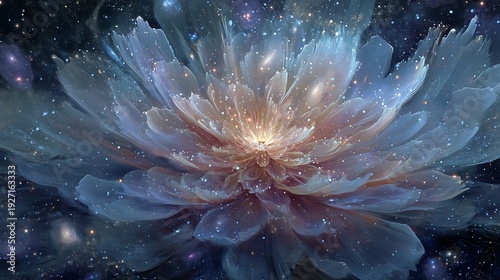 blooming cosmic flower made of galaxies and nebulae, petals radiating energy and light, representing the awakening of consciousness in the universe, deep-space background, fine art realism 
