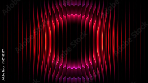 Circular gradient refracted through ribbed glass with luminous red magenta glow. Futuristic glowing circle behind vertical fluted glass for creative advertising, music cover, event flyer. 3d render