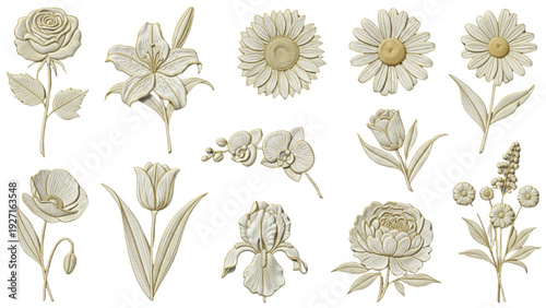 Embroidered 3D Effect Silhouette Flower Outline Gold Color – 10 Decorative Set Collection on White Background